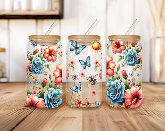 Mariposas Flores 16oz Vidrio Puede Envolver, Bonito Diseño de Sublimación UV DTF, Colorido Vaso de Vidrio de 16oz Vaso Libbey Wrap PNG, Mariposas de Abeja