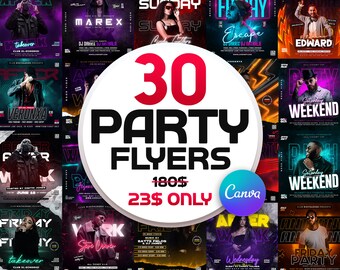 30 Editable Party Flyers Bundle V1 | Club Flyers Templates perfect for DJ or Night Club Events, 4x4 Inch, Editable Canva Template