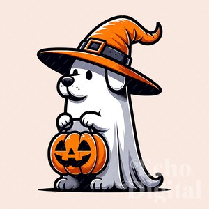 Puede incluir: Un perro fantasma blanco con un sombrero de bruja naranja y sosteniendo una calabaza tallada. El perro lleva un disfraz de fantasma blanco con una capucha puntiaguda.