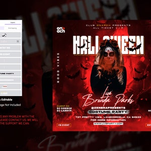 May include: A red and black Halloween party flyer featuring a woman with a skull face wearing a red dress. The flyer advertises a live performance by Brenda Parks at Club Onarch. The event is 18+ and includes a costume party.