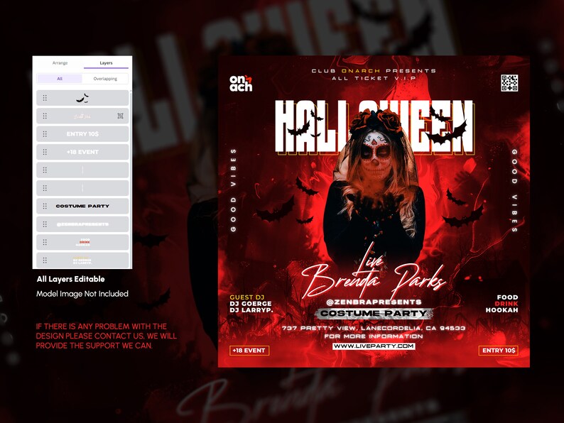 May include: A red and black Halloween party flyer featuring a woman with a skull face wearing a red dress. The flyer advertises a live performance by Brenda Parks at Club Onarch. The event is 18+ and includes a costume party.