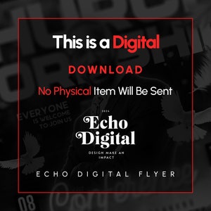 Puede incluir: Un folleto digital en blanco y negro con el texto "This is a Digital Download No Physical Item Will Be Sent" en rojo. El folleto tambi&eacute;n incluye el texto "Echo Digital" en blanco con fondo negro. El folleto tiene una imagen de paloma en el fondo.
