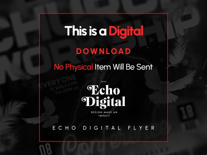 Puede incluir: Un folleto digital en blanco y negro con el texto "This is a Digital Download No Physical Item Will Be Sent" en rojo. El folleto tambi&eacute;n incluye el texto "Echo Digital" en blanco con fondo negro. El folleto tiene una imagen de paloma en el fondo.