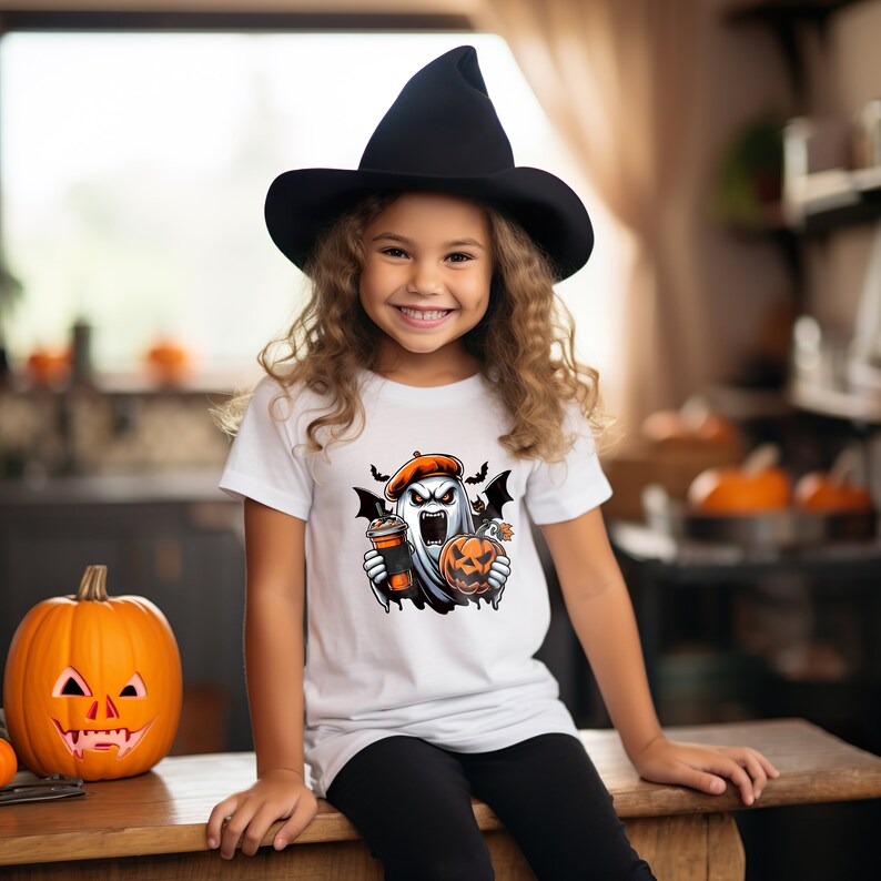 May include: A white t-shirt featuring a cartoon ghost wearing a beret and holding a pumpkin and a cup. The ghost has a scary expression and is surrounded by bats. The shirt is being worn by a child wearing a black witch hat.