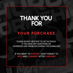 Puede incluir: Una imagen en blanco y negro con texto rojo que dice "Gracias por su compra." El texto est&aacute; rodeado por un borde rojo. El texto tambi&eacute;n dice "No dude en ponerse en contacto con nosotros si tiene alguna pregunta o experimenta alg&uacute;n problema durante la descarga. Si desea apoyarnos, no olvide calificar y comentar despu&eacute;s de la compra."