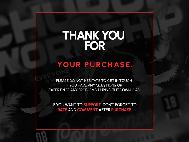 Puede incluir: Una imagen en blanco y negro con texto rojo que dice "Gracias por su compra." El texto est&aacute; rodeado por un borde rojo. El texto tambi&eacute;n dice "No dude en ponerse en contacto con nosotros si tiene alguna pregunta o experimenta alg&uacute;n problema durante la descarga. Si desea apoyarnos, no olvide calificar y comentar despu&eacute;s de la compra."