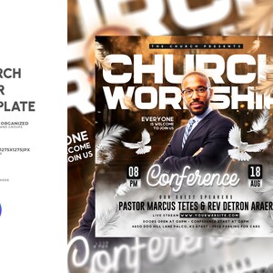 Puede incluir: Un folleto para una conferencia de adoraci&oacute;n en la iglesia con un hombre con traje y corbata, con el texto "Church Worship" en letras blancas grandes. El folleto tambi&eacute;n incluye la fecha y la hora de la conferencia, los nombres de los oradores invitados y el sitio web de la iglesia.