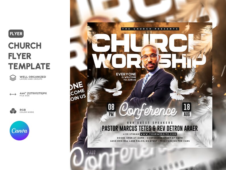 Puede incluir: Un folleto para una conferencia de adoraci&oacute;n en la iglesia con un hombre con traje y corbata, con el texto "Church Worship" en letras blancas grandes. El folleto tambi&eacute;n incluye la fecha y la hora de la conferencia, los nombres de los oradores invitados y el sitio web de la iglesia.
