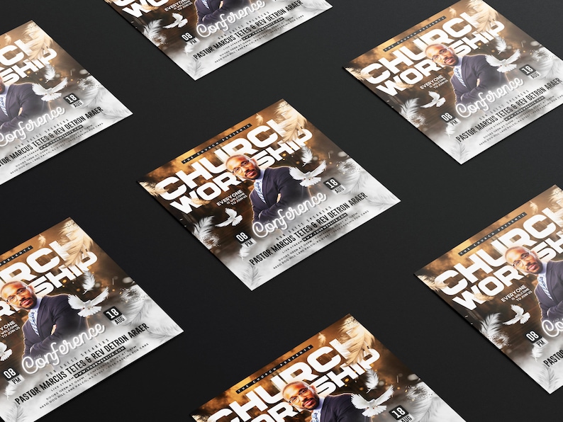 Puede incluir: Un folleto para una conferencia de adoraci&oacute;n en la iglesia con un fondo dorado y blanco. El folleto presenta a un hombre con traje y corbata, con las palabras "Church Worship Conference" en letras blancas grandes. El folleto tambi&eacute;n incluye la fecha y la hora de la conferencia, as&iacute; como los nombres de los oradores.
