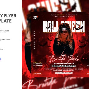 May include: A red and black Halloween party flyer featuring a woman with a skull face wearing a black dress. The flyer advertises a live performance by Brinda Parks at Club Onarch. The event is a costume party and includes food, drinks, and hookah. The flyer also includes the address and website for the event.