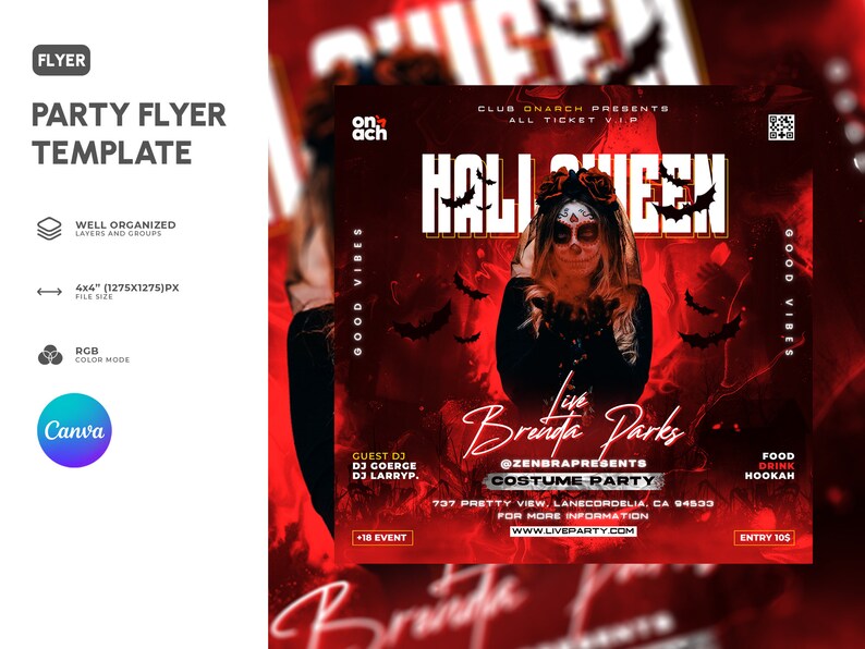 May include: A red and black Halloween party flyer featuring a woman with a skull face wearing a black dress. The flyer advertises a live performance by Brinda Parks at Club Onarch. The event is a costume party and includes food, drinks, and hookah. The flyer also includes the address and website for the event.