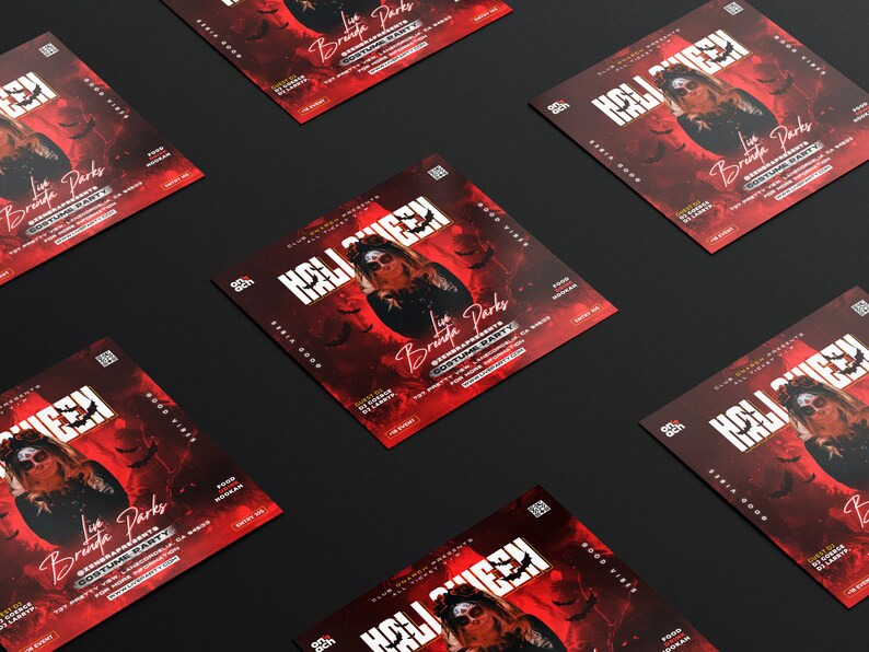 May include: A red and black Halloween party flyer with a woman in a costume and the text "HALLOWEEN" and "Live Brinda Parks Costume Party".