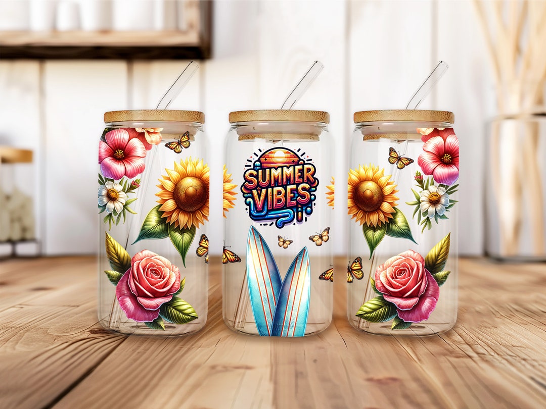 Summer Vibes Flowers 16oz Glass Can Wrap, Pretty UV DTF Sublimation ...