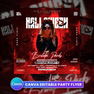 May include: A red and black Halloween party flyer with the text "Halloween" in white letters. The flyer features a woman with skull face paint and the text "Live Brinja Parks" in white letters. The flyer also includes the text "@Zenbra Presents Costume Party" and the date and location of the party.