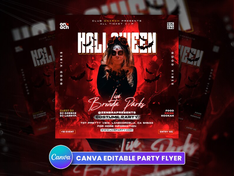 May include: A red and black Halloween party flyer with the text "Halloween" in white letters. The flyer features a woman with skull face paint and the text "Live Brinja Parks" in white letters. The flyer also includes the text "@Zenbra Presents Costume Party" and the date and location of the party.