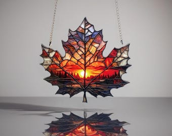 Maple Leaf Suncatcher for Window, Sunset Autumn Décor, Fall Sun Catcher Hanging