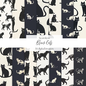 Chats noirs, sans couture, mystérieux, nocturne, sombre, mystique, Halloween, énigmatique, gracieux, clair de lune, art numérique, téléchargement numérique