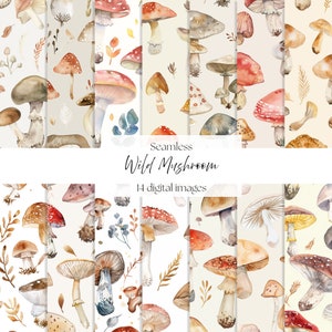 Champignon sauvage, sans couture, champignons, forêt, région boisée, champignon vénéneux, naturel, automne, art numérique, téléchargement numérique
