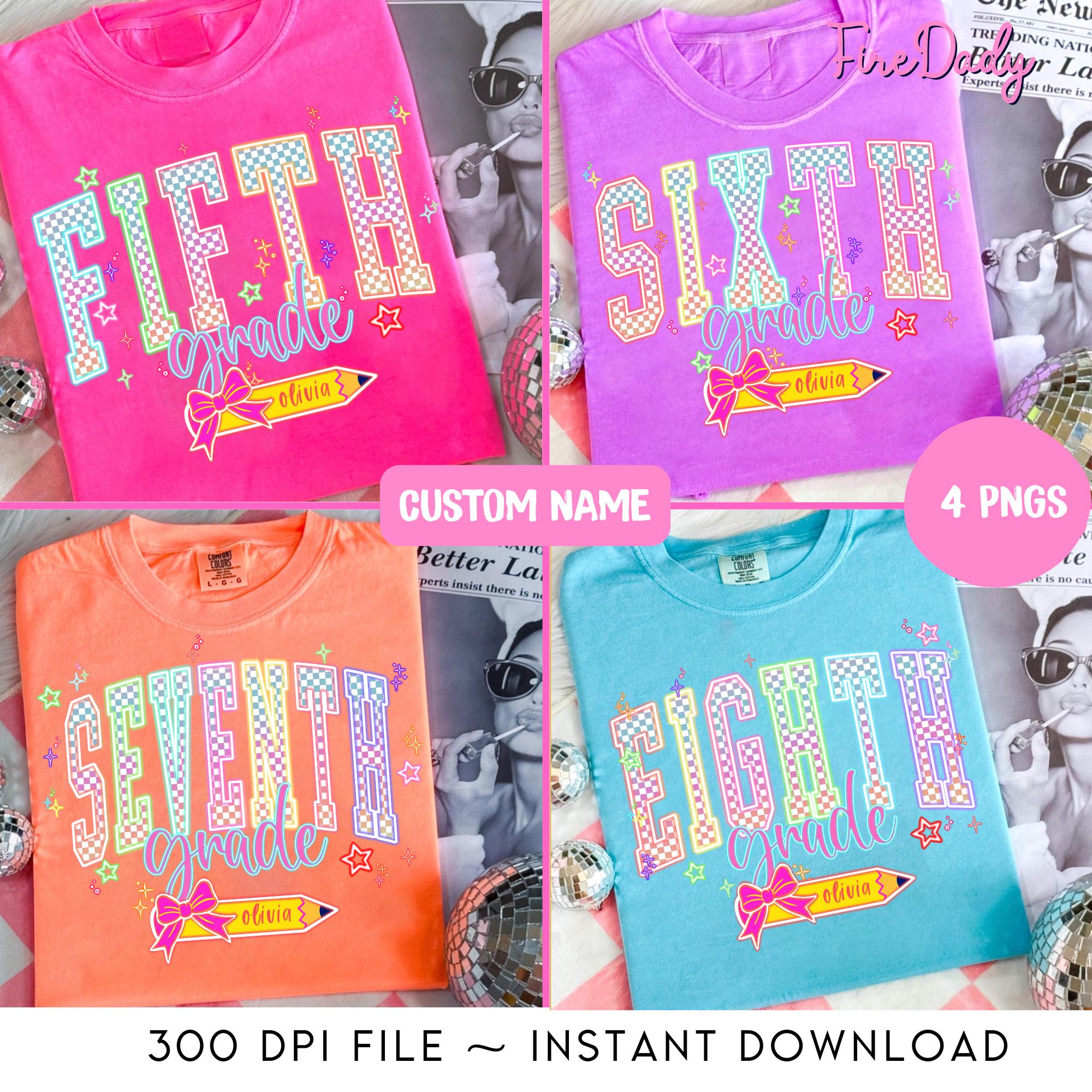 Preppy Back To School Bundle Png, Colorful First Day Of School Png, Custom Name First Day of School Png, 5th/6th/7th/8th Grade, Coquette Bow