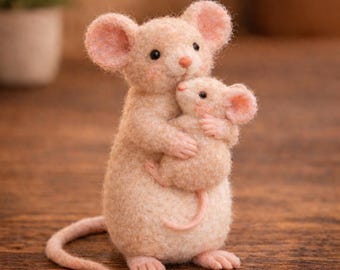 Statuetta di mamma e cucciolo di topo in feltro ad ago – Decorazione a forma di animale in lana, ricordo della maternità