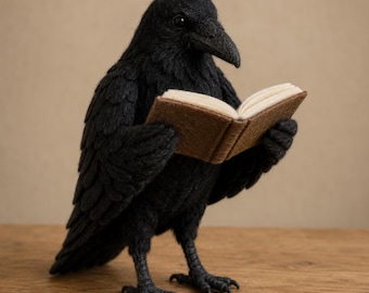 Needle Felt Raven Reading Book, Handmade Gothic Library Decor