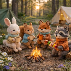 Könnte beinhalten: Eine bezaubernde Szene mit vier Filztierfiguren, die sich um ein Lagerfeuer versammelt haben. Ein weißes Kaninchen, ein Eichhörnchen und ein Fuchs halten Tassen, während ein Waschbär einen Spieß mit gegrilltem Essen hält. Ein Zelt ist im Hintergrund zu sehen.