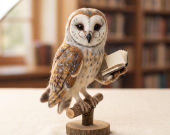 Needle Felted Owl School Librarian Figurine | Wool Owl Sculpture | Librarian Gift Book Lover
