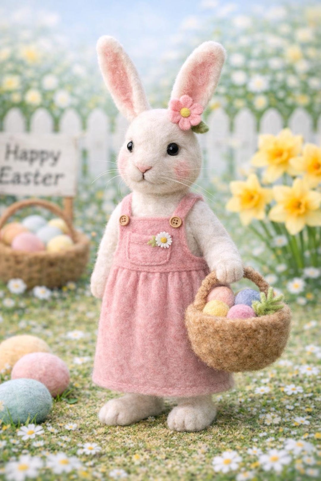 Needle Felted Easter Bunny Figurine, Pastel Wool Rabbit With Basket ...