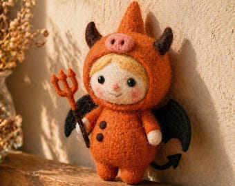 Devil Girl Needle Felt Ornament – Handmade Wool Felt Satan Cosplay Doll – Halloween Christmas Tree Hanging Decor – Kawaii Little Devil Gift