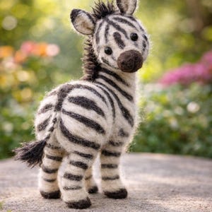 Naaldvilten zebrabeeldje – Handgemaakte safaridierensculptuur, wollen kinderkamerdecoratie