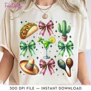 Cinco De Mayo Coquette Bow Png, Mexico Tequila Tacos Png, Mexican Hat Png, Mexico Floral Png, Let&#39;s Fiesta Png, Mexican Festival Digital Png