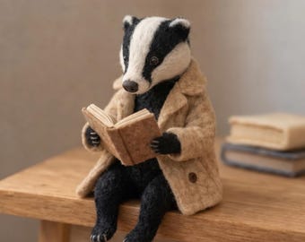 Nadel gefilzte lesende Dachs Wald Figur, handgemachte Wolle Tier, Buch-Liebhaber-Dekoration Geschenk