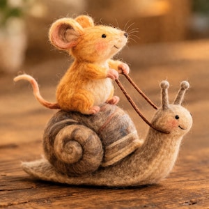 Nålfiltad musridande snigelfigur – Tiny Wool Animal World Decor