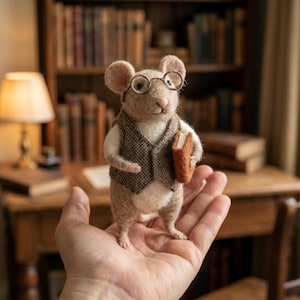 Miniatura de Rato Bibliotecário em Feltro Agulhado, Decoração Animal em Lã, Presente para Amantes de Livros, Figura em Miniatura