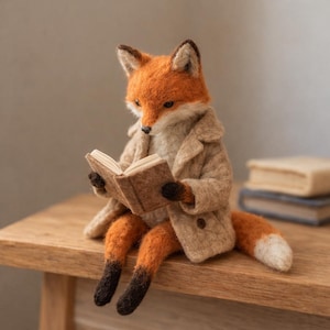 Needle Felted Reading Fox Figurine, Handmade Wool Animal, Book Lover Decor