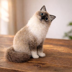 Peut inclure: Une figurine de chat faite à la main avec un pelage doux bicolore marron et blanc. Le chat a des yeux bleu vif et est posé assis droit avec la tête inclinée. La figurine est placée sur une surface en bois.