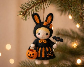 Handmade Halloween Bunny Ornament – Needle Felt Witch Doll, Trick or Treat Rabbit, Spooky Cute Fall Decor Gift