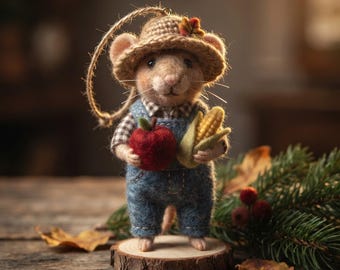 Figura de ratón granjero de fieltro de aguja / Decoración de cosecha de otoño con manzanas y maíz (Adorno/Soporte)