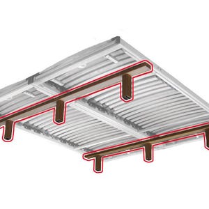 Könnte beinhalten: Illustration einer Metall-Dachkonstruktion mit braunen Holzbalken und -stützen. Das Dach hat ein gebogenes, gewelltes Design. Die Balken sind rot umrandet, um die strukturellen Komponenten hervorzuheben. Der Hintergrund ist weiß.