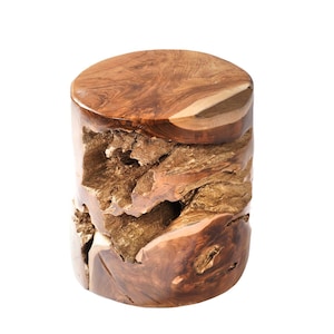 Könnte beinhalten: Ein zylindrischer Holzstuhl mit einem natürlichen, organischen Design. Die Oberseite ist eine glatte, kreisförmige Oberfläche, während die Seiten ein raues, strukturiertes Aussehen mit sichtbarer Holzmaserung und einer Mischung aus Brauntönen aufweisen. Ein einzigartiges Möbelstück.