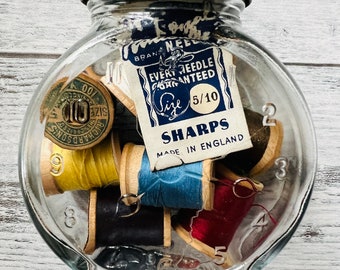 Vintage Sewing Kit in a Jar, Nash Happy time Mustard Jar with Wood Thread Spools, Needles and Threader