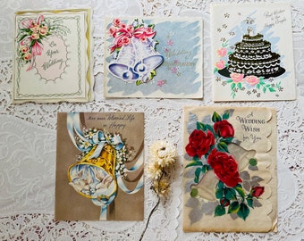 5 Assorted 1950s Wedding Cards, Moveable Features, Used, Junk Journaling, Ephemera