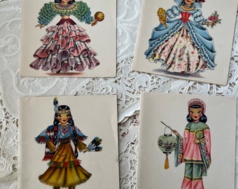 Dolls of the World 4 Greeting Cards, Unused, Doll of France, Latin America, China, Indian Doll