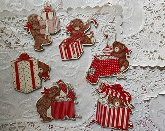 6 Vintage 1980s bear Ornaments, Merrimack, Package Toppers, Embellishments, Holiday Decorations
