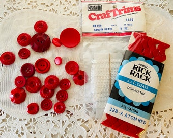 Vintage Red Buttons, Sequins, and Rick Rack for Valentine Crafts Sewing Trim