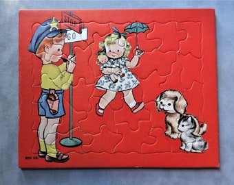 Vintage Sifo Co. Cardboard Puzzle, Back to School, 1950s Graphics, Nursery Childrens Room Decor Playtime