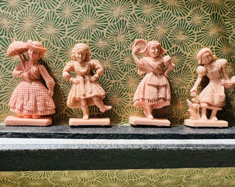 Vintage Miniature Pink Plastic Stand Up Figurines (4 pieces) 1950s, Dolls of the World - Collage Niches Shadow Box Supplies