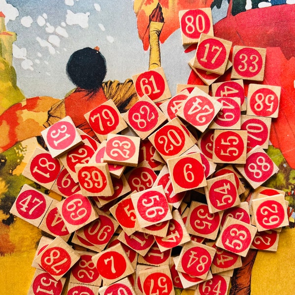 8 Vintage Wood Red Numbers Game Pieces Antique Assemblage Jewelry Scrapbooking Altered Art