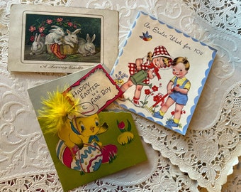 Vintage Childrens Easter Cards and 1911 Easter Postcard, Set of Three