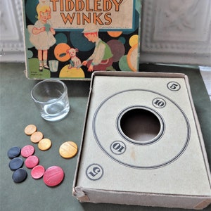 Vintage Tiddledy Winks, Milton Bradley Co., with Glass Cup